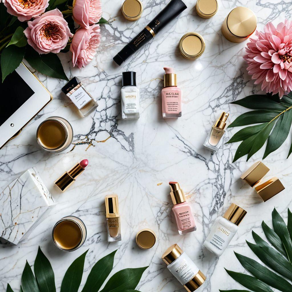 An elegant flat lay of stylish beauty resources including skincare, makeup, and accessories on a marble countertop, surrounded by vibrant flowers and free downloadable guides. Soft, natural lighting enhances the luxurious vibe, giving a feeling of abundance and beauty. Accents of gold and pastel colors create a chic aesthetic. super-realistic. vibrant colors. white background.