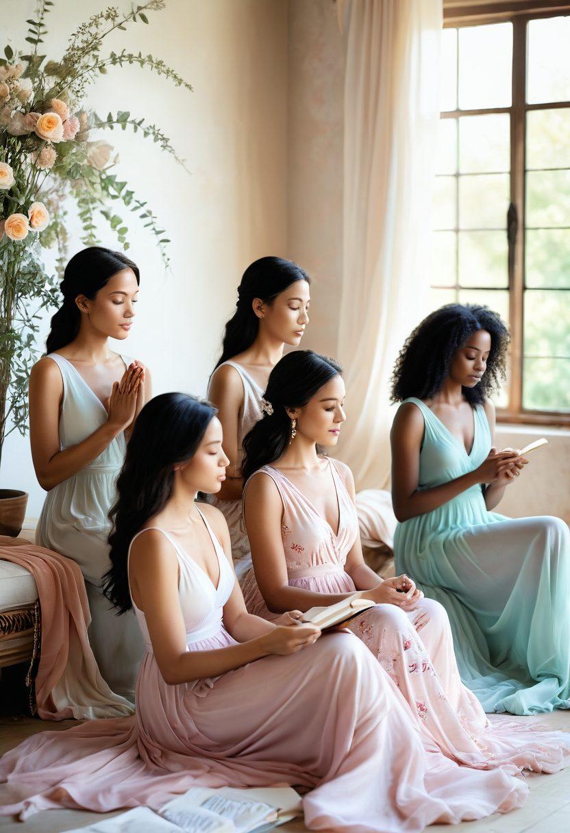 A serene scene featuring a diverse group of women, each showcasing their unique expressions of beauty and elegance in flowing dresses. Soft pastel colors dominate the background, with ethereal light illuminating floral accents around them. Each woman is engaged in activities that promote self-love, such as journaling or meditating, embodying confidence and grace. The atmosphere should evoke a sense of tranquility and empowerment. vibrant colors. soft focus.