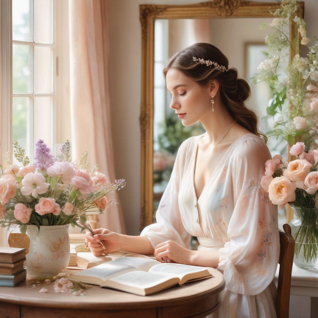 A serene and elegant setting with a woman reflecting in a mirror surrounded by blooming flowers and soft sunlight. Incorporate elements like stylish accessories and books overflowing with beauty tips, hinting at free resources. The atmosphere should evoke a sense of self-discovery and empowerment. soft pastel colors, watercolor style, ethereal glow.
